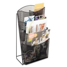 Dimensions: 9.75W x 6.5D x 18H inches. Durable metal construction. Black powder coat finish blends with any decor. 4 slots keep magazines organized. Removable dividers create 8 brochure slots. Designed for commercial use. Magazines are a mess no more with the Onyx Mesh 4-Pocket Magazine Rack. Constructed from sturdy steel mesh in a black finish this convenient magazine rack allows literature to be easily noticed and accessed. Four curved pockets keep publications upright while removable dividers allow for pamphlet storage. With its compact shape this unit is easy to move and takes up little space on counters tables and desks. For your home or business this versatile display rack is a smart way to keep magazines neat and tidy. About Safco ProductsSafco products were specifically developed to meet the changing needs of the business world offering real design without great expense. Each product is designed to fit the needs of individuals and the way they work by enhancing comfort and meeting the modern needs of organization in the workplace. These products encourage work-area efficiency and ultimately work-life efficiency: from schools and universities to hospitals and clinics from small offices and businesses to corporations and large institutions airports restaurants and malls. Safco continues to offer new colors new styles and new solutions according to market trends and the ever-changing needs of business life.