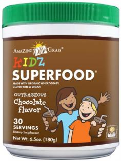 Amazing Grass Kidz SuperFood is Certified Organic.A nutritional powerhouse that combines 33 rainbow colored fruits and vegetables in a delicious chocolate drink powder. Mix with milk or water. One serving gives you the antioxidant equivalent of 3 servings of fruits and vegetables. Amazing Grass Kidz SuperFood phyto-nutritous fruit and vegetable blend: organic wheat grass, organic barley grass, organic alfalfa, asparagus, lima beans, green peas, kale, kiwi, organic spinach, organic broccoli, brussel sprouts, green beans, zuichini, apricots, organic carrots, mangos, pineapple, sweet potatoes, tangerines, yellow squash, pomegranates, raspberries, guavas, cranberries, red cabbage, cherries, tomatoes, beets, plums, purple grapes, blueberries, organic oat fiber, organic soy milk powder (organic soy beants, organic cane juice), organic cocoa, FOS (from chicory root), butch cocoa, natural vanilla, apple pectin fiber, carrageenan, sea salt, silicon dioxide (anti-caking).Recommend 1-3 servings daily, for ages 2+.