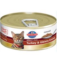 Science Diet Turkey and Giblets Entree Can Cat Food Case The Science Diet Adult Turkey and Giblets Entree cat food delivers the great taste of turkey with giblets in a soft, smooth texture. It offers precisely balanced nutrition to maintain lean muscle and vital organ health. Features: Made in the USA Recommended for adult cats 1-6 years of age Proper nutrient absorption to keep your cat fit and healthy Supports ideal body weight Cooked in savory juices for a soft pate texture Item Specifications: Flavor: Turkey and Giblets Size: 24/3oz cans 24/5.5oz cans Guaranteed Analysis: Protein: 36.7% Fat: 26.5% Carbohydrates: 25.7% Crude Fiber: 4.9% Calcium: 0.98% Phosphorus: 0.73% Sodium: 0.33% Potassium: 0.78% Magnesium: 0.069% Taurine: 0.49% Ingredients: Water, Turkey, Turkey Giblets, Liver, Salmon, Corn Starch, Meat By-Products, Chicken Fat (preserved with mixed tocopherols and citric acid), Powdered Cellulose, Rice Flour, Wheat Flour, Corn Gluten Meal, Chicken Liver Flavor, Chicken, Soybean Meal, Guar Gum, Dicalcium Phosphate, Locust Bean Gum, Calcium Carbonate, Brewers Dried Yeast, Caramel Color, Choline Chloride, Carrageenan, Potassium Chloride, Taurine, Iodized Salt, DL-Methionine, Calcium Sulfate, Vitamin E Supplement, Thiamine Mononitrate, Zinc Oxide, Ferrous Sulfate, Niacin, Manganous Oxide, Copper Sulfate, Pyridoxine Hydrochloride, Calcium Pantothenate, Vitamin B12 Supplement, Riboflavin, Biotin, Calcium Iodate, Vitamin D3 Supplement, Folic Acid, Sodium Selenite. Canned 1139 kcal/kg (96.815 kcal/per 85g can, 177.684 kcal/per 156g can)