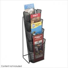 Dimensions: 5.25W x 7D x 16.5H inches. Durable metal construction. Black powder-coat finish blends with any decor. 4 slots keep brochures organized. Compact size is perfect for countertops. Suitable for commercial use. Instead of scattering pamphlets on a table keep them neat and tidy with the Onyx Mesh 4-Pocket Brochure Rack. Crafted from sturdy steel mesh in a black finish this handy brochure rack allows your literature to be easily noticed and accessed. Four curved pockets keep brochures upright while the compact shape is easy to move and takes up little space on counters tables or desks. This rack is ideal for a reception area trade show booth front lobby or anywhere you need to display company or product information. About Safco ProductsSafco products were specifically developed to meet the changing needs of the business world offering real design without great expense. Each product is designed to fit the needs of individuals and the way they work by enhancing comfort and meeting the modern needs of organization in the workplace. These products encourage work-area efficiency and ultimately work-life efficiency: from schools and universities to hospitals and clinics from small offices and businesses to corporations and large institutions airports restaurants and malls. Safco continues to offer new colors new styles and new solutions according to market trends and the ever-changing needs of business life.