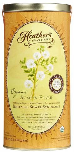 A medical food for the dietary management of Irritable Bowel Syndrome (IBS) diarrhea, constipation, & abdominal pain. As part of the diet, Tummy Fiber regulates bowel motility. Tummy Fiber is 100% Acacia Senegal, a dietary soluble fiber; not insoluble fiber. It's certified organic and kosher certified, and contains no low grade Acacia Seyal. Tummy Fiber has a prebiotic effect; it increases good gut flora. Tummy Fiber has no additives, fillers, colors, or flavors. It is tasteless, odorless, colorless, grit-free, and will not thicken on standing. Clinical studies have shown that soluble fiber, as part of the diet, helps soothe and regulate bowel motility, relieves IBS abdominal pain and cramping by stabilizing intestinal contractions, and alleviates BOTH diarrhea and constipation. Heather's Tummy Fiber also Increases good gut flora - it's considered a prebiotic, and significantly bifidogenic. It has excellent gastrointestinal tolerance. It slows down colonic fermentation (decreasing gas and bloating). It's completely safe and healthy for daily, lifelong use. Tummy Fiber is safe for use in children.