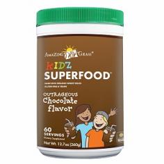 Amazing Grass Kidz SuperFood Outrageous Chocolate Flavor Powder (60 Servings) Amazing Grass Kids SuperFood Chocolate Outrageous Chocolate Flavor Drink Powder Amazing Grass Kidz SuperFood Chocolate flavor is a nutritional powerhouse that contains no artificial colors, flavors, fillers or other unnecessary stuff. Kidz SuperFood contains over 70% certified organic ingredients. It's a whole food source of antioxidants which supports immune system. Amazing Grass Kidz Superfood Chocolate isa nutritional powerhouse that combines 31 rainbow colored fruits and vegetables in a delicious chocolate drink powder. Mix with milk or water. One serving gives you the antioxidant equivalent of 3 servings of fruits and vegetables. Amazing Grass Kidz SuperFood phyto-nutritous fruit and vegetable blend: organic wheat grass, organic barley grass, organic alfalfa, asparagus, lima beans, green peas, kale, kiwi, organic spinach, organic broccoli, brussel sprouts, green beans, zuichini, apricots, organic carrots, mangos, pineapple, sweet potatoes, tangerines, yellow squash, pomegranates, raspberries, guavas, cranberries, red cabbage, cherries, tomatoes, beets, plums, purple grapes, blueberries, organic oat fiber, organic soy milk powder (organic soy beants, organic cane juice), organic cocoa, FOS (from chicory root), butch cocoa, natural vanilla, apple pectin fiber, carrageenan, sea salt, silicon dioxide (anti-caking). About Kidz SuperFood Amazing Grass Kidz Superfood is Certified Organic. Amazing Grass combined fruits and vegetables to bring a new and tasty way for kids to get the anti-oxidant power of 3 servings of fruits and vegetables in just one glass. They've used a quick-drying, low temperature, nutrient-preserving method to make a fruit and vegetable powdered drink that mixes easily with water or milk to provide your child with a fast, delicious way to drink up the healthy benefits of a variety of fruits and vegetables.