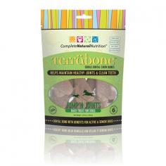 Complete Natural Nutrition Terrabone Jump'n Joints Edible Dental Dog Chews Active and senior dogs need a little help for aching hips and joints. The inclusion of Glucosamine HCL and Omega 3 and Omega 6 fatty acids in Complete Natural Nutrition Terrabone Jump'n Joints Dog Chews makes it the world's healthiest and safest edible dental chew bone with extra benefits your dog will greatly appreciate. Features: Made in the USA Contains Glucosamine HCL help support hips and joints Contains Omega 3 & Omega 6 for inflammation Natural chicken flavor dogs love #1 ingredient - USDA Certified Brown Rice 50% USDA Certified Organic Ingredients All Natural No wheat, no gluten, no soy, no corn No animal by-products i.e. gelatin or animal glycerin No saturated fat, no trans-fat No added sugar, salt, or artificial ingredients Low in fat Low calories Hardness helps clean teeth & massage gums No unnatural 'green poop' No sharp edges, crumbles safely for easy digestion Item Specifications: Flavor: Chicken Size: Small: 3.5" long Count: 10 Pack Recommended for: Dogs 5 - 25 lbs Regular (Medium): 5.5" long Count: 6 Pack Recommended for: Dogs 25 lbs or more Feeding Directions: Feed one bone per day for maximum dental benefits. Always supervise your dog to ensure the treat is adequately chewed; have clean fresh water accessible. Not recommended for dogs under 6 months of age. Guaranteed Analysis: Crude Protein (min): 7.5% Crude Fat (min): 2.0% Crude Fat (max): 3.0% Crude Fiber (max): 7.0% Moisture (max): 10.0% Sodium (min): 0.55 Sodium (max): 0.65% Ash (max): 4.0% Glucosamine Hydrochloride*: 300 mg Omega 3 Fatty Acids*: 60mg Omega 6 Fatty Acids*: 180mg *Not recognized as an essential nutrient by the AAFCO Dog Food Nutrient Profiles Caloric Content: 64 kcal/small bone 177 kcal/medium bone Ingredients: Organic Brown Rice Powder, Water, Vegetable Glycerin, Organic Pea Powder, Tapioca Starch, Natural Chicken Flavor, Carrageenan, (natural seaweed extract), Calcium Carbonate, Brewers Dried Yeast, Flaxseed Meal, Citric Acid, Glucosamine Hydrochloride, Fish Oil (from herring), Mixed Tocopherols (natural source of Vitamin E. 50% Organic Ingredients. Terrabone contains no artificial colors, flavors, or preservatives.