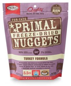 Primal Freeze-Dried Formulas are produced using only the freshest, human-grade ingredients. Our poultry, meat and game are antibiotic and steroid free without added hormones. We incorporate certified organic produce, certified organic minerals and unrefined vitamins to fortify our complete and balanced diets. All Primal Freeze-Dried Formulas contain fresh ground bone for calcium supplementation. This combination of ingredients offers optimum levels of the amino acids (protein), essential fatty acids, natural-occurring enzymes, and necessary vitamins and minerals that are the building blocks for your pet's healthy biological functions. All of the ingredients found in Primal Freeze-Dried Formulas are procured from ranches and farms throughout the United States and New Zealand that take pride in producing wholesome raw foods through natural, sustainable agriculture. Primal Freeze-Dried Formulas offer you the convenience and benefits of a well-balanced, safe and wholesome raw-food diet without having to grind, chop, measure or mix the ingredients yourself. At Primal Pet Foods, we have taken the time to carefully formulate and produce a nutritious, fresh-food diet that is easy for you to serve and delectable for pets to devour. The proof is watching them lick the bowl clean while thriving happily and healthfully! Product Features: Fresh turkey for superior levels of amino and essential fatty acids Finely ground, fresh turkey bones for optimum levels of calcium Organic produce for food-derived vitamins A, B-complex, C and D Sardine oil for essential omega-3 fatty acids Organic and unrefined nutritional supplements for digestion and circulation Vitamin E as an antioxidant Organic coconut oil for linolenic fatty acids Taurine supplement for optimum retinal health