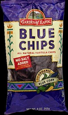 Made with organic blue corn. Made with no genetically engineered ingredients. No salt added. Youre holding in your hand the concept that has become such a popular snack. The Original Blue Corn Tortilla Chips. Yes, theyre actually blue in color because many years ago our founder, Al Jacobson brought an entire crop of Blue corn (an ancient tradition of the Hopi and Zuni tribes-people who really know their corn) and thought it would make a great tortilla chip. Was he right! Were proud of the taste and crunchiness of our Blues. But most of all, at Garden of Eatin were proud of our tradition of the finest in all natural snack foods. We use only the highest quality organic ingredients. And each batch of chips is made to order. Thats what makes Garden of Eatin snacks so tasty. Garden of Eatins commitment to selling products made with organic ingredients means understanding that all the decisions we make have consequences-all the way down to the individual farmer we buy from. We are mindful of the soil, the water, biodiversity and even worker health. When Al Jacobson founded Garden of Eatin over 25 years ago, he knew that buying organic crops from farmers who grew them without pesticides and synthetic fertilizers would be better for your health and for the environment as well. Even our oils are different. They arent extracted chemically. We crush seeds mechanically in a press. It makes a difference you can taste. And the water. Its not just tap water from a big spigot in the manufacturing plant. Its filtered water. Clean. Clear. Fresh. Those little tastebuds on your tongue will tell you right away. Imagine All the thought and care went into these wonderful, tasty, Blues Chips. Were so proud of them. And we think you will be too. Low in Sodium. No preservatives. No hydrogenated oil. All natural. Certified Organic by Quality Assurance International (QAI). Product of USA.