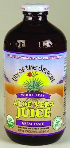 A Dietary Supplement. Whole leaf (filtered) (For consumer safety, aloin content is filtered to less than 1 ppm.). Preservative free. Certified organic. Enhanced with polysaccharide-rich Aloesorb. USDA organic. Certified: Aloe content & purity in this product. International Aloe Science Council. Retaining the Quality that Nature Created: The aloe vera plant contains over 200 biologically active components. For over 40 years, Lily of the Desert has been the leader through its technology and innovation of providing the most efficacious and scientifically validated aloe vera products on the market. Lily of the Desert Aloe Vera Benefits: Helps support a healthy digestive system; Helps sustain and promote healthy regularity; Supports normal muscle and joint function; Preservative free; USDA certified organic. Aloesorb: Naturally occurring high molecular weight aloe vera polysaccharides are isolated and then used to enhance the bio-availability of our regular strength aloe vera juice through a patent-pending process. Recent clinical studies of Lily of the Desert Products with Aloesorb demonstrated improved wellness benefits in healthy individuals such as: improved absorbtion of nutrients; supported healthy immune system; enhanced antioxidant support; reduced toxic nitrate levels. For more information, please visit us at www. lilyofthedesert.com. Important Consumer Notice: This product is a natural product; therefore, the color may change slightly due to seasonal variations without affecting purity, efficacy or quality. Certified Organic by OneCert. www. lilyofthedesert.com. (These statements have not been evaluated by the Food and Drug Administration. This product is not intended to diagnose, treat, cure or prevent any disease.) Made in the USA. Refrigerate after opening. Suggested Use: Upon opening, refrigerate immediately. Drink 1-2 ounces per serving, up to 8 ounces daily. Can be taken any time of day, with or without food, mixed with any cool drink. For digestive health, take serving a half hour before eating meals. Recommended to consume within 45-60 days after opening. Other Ingredients: Citric Acid (pH Stabilizer). Safety button pops up. Pops up when original seal is broken. Reject if button is up.
