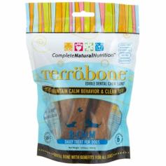Complete Natural Nutrition Terrabone B-Calm Edible Dental Dog Chews Lavender and Chamomile are well known for their natural soothing properties so Complete Natural Nutrition Terrabone B-Calm Dental Chews combines calming affects with clean teeth. Terrabone B-Calm Edible Dental Dog Chews is the world's healthiest and safest edible dental chew bone for dogs with the extra benefits of helping support dogs who are stressed and over anxious. Terrabone B-Calm Edible Dental Dog Chews are made with USDA certified organic brown rice. Unlike other edible dog chew bones, Terrabone contains no animal by-products like gelatin or animal glycerin and Terrabone is always made in the USA. Features: Made in the USA Chamomile & Lavender for calming and anti-stress #1 ingredient - USDA Certified Brown Rice 100% Natural 50% USDA Certified Organic Delicious chicken flavor dog's love No wheat, No gluten, No soy, No corn No animal by-products i.e. gelatin or animal glycerin No saturated fat, no trans-fat No added sugar, salt, or artificial ingredients Low fat Low calorie Hardness helps clean teeth & massage gums No unnatural 'green poop' No sharp edges, crumbles safely for easy digestion Item Specifications: Flavor: Chicken Size: Small: 3.5" long Count: 10 Pack Recommended for: Dogs 5 - 25 lbs Regular (Medium): 5.5" long Count: 6 Pack Recommended for: Dogs 25 lbs or more Feeding Directions: Feed one bone per day for maximum dental benefits. Always supervise your dog to ensure the treat is adequately chewed; have clean fresh water accessible. Not recommended for dogs under 6 months of age. Guaranteed Analysis: Crude Protein (min): 7.5% Crude Fat (min): 1.8% Crude Fat (max): 3.0% Crude Fiber (max): 13.0% Moisture (max): 10.0% Sodium (min): 0.55 Sodium (max): 0.65% Ash (max): 4.0% Caloric Content: 64 kcal/small bone 177 kcal/medium bone Ingredients: Organic Brown Rice Powder, Water, Vegetable Glycerin, Organic Pea Powder, Tapioca Starch, Natural Chicken Flavor, Carrageenan, (natural seaweed extract), Calcium Carbonate, Brewers Dried Yeast, Citric Acid, Chamomile, Lavender, Peppermint Oil, Mixed Tocopherols (natural source of Vitamin E). 50% Organic Ingredients. Terrabone contains no artificial colors, flavors, or preservatives.