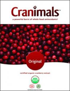 Cranimals(tm) Original is made from 100% certified organic cranberry extract. The proathocyanidins found in cranberries inhibit Escherichia coli, the bacteria responsible for 80% - 90% of urinary tract infections and gum disease. Pets are particularly susceptible to these infections due to alkaline pH of most diets and inability to urinate regularly throughout the course of a day. Cranberry polyphenols also act as a natural anti-inflammatory. Ideal support for: poor kidney function bladder problem joint pain dental health recurrent UTI infections, e.g. felines heart health Ingredients: certified organic cranberry extract Nutritional Information per 100 g Crude protein (min) 16.2 g Crude fat (min) 9.2 g Crude fiber (max) 41.5 g Moisture (max) 4.8 g Beta carotene (max) 23.3 IU ALA Omega 3 (max) 6700 mg Anthocyanidins (max) 490 mg Calcium 451 mg Recommended for: Cats and Dogs Shelf Life: 24 months 25-35 servings / 4.2 oz. bag