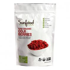 Sunfood Superfoods Organic Goji Berries - 8 oz. (227 g) Sunfood Superfoods Organic Goji Berries are superfoods to get supercharged about! Since Sunfood first introduced Sunfood Superfoods Organic Goji Berries back in 2002, they have become a superfood phenomenon, because Sunfood Superfoods Organic Goji Berries are one of the most nutritionally-rich fruits on the planet, packed with vitamins, minerals, protein and antioxidants! With a fruit flavor resembling a combination of cranberries and cherries, Sunfood Superfoods Organic Goji Berries, like acai berries, are a delicious superfood you can enjoy any number of ways. Often called a Wolfberry, and considered the number one food-herb in Traditional Chinese Medicine, goji berries provide you with a healthy boost of vitamins, trace minerals, antioxidants and anti-aging benefits. Whether you enjoy Sunfood Superfoods Organic Goji Berries as is or combine into your favorite trail mix, you are sure to feel the health benefits of Sunfood Goji Berries, as they are considered a complete source of protein and regarded as a top longevity and strength-building food. Goji berries contain up to 21 trace minerals, including zinc, iron, copper, calcium and contain 18 different amino acids. They can also help stimulate Human Growth Hormone (HGH), a critical factor in anti-aging. About Sunfood Superfoods Sunfood Superfoods is the world's leading provider of high-quality superfoods, including sustainable, organic and raw products. Serving the public with an innovative concept of nutrition since 1995, Sunfood distributes 250 products internationally over retail, bulk & wholesale channels. While revolutionizing supermarket shelves, Sunfood also provides staff experts, educational materials and dietary tools used for integrating the health benefits of superfoods into our customers' lives.