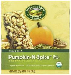 Nature's Path Organic Flax Plus Trail Mix Pumpkin-N-Spice Chewy Granola Bars - 2 x 1.2 oz. (35g) Bars / 7.4 oz. (210g) Box Nature's Path's new and improved line has upped the granola bar ante, all with that organic goodness you've come to expect from Nature's Path. Nature's Path Organic Pupkin and Spice Flax Plus Chewy Granola Bars contain more of the good stuff such as real, organic pumpkin seeds and sweet cinnamon; all mixed with additional good stuff like whole grain oats and flax. Nature's Path Organic Pumpkin & Spice Flax Plus Chewy Granola Bars have the flax and pumpkin seeds you know and love and is still an excellent source of Omega 3's! No wonder Nature's Path's Organic Flax Plus Pumpkin-N-Spice Chewy Granola Bar is their classic, best seller (with a small name change)! Maybe it should be called the Good-N-Yummy bar! 0g Trans Fat Low Sodium 13g of Whole Grains Excellent Source of ALA Omega-3 There's more? You betcha. Maybe you'll want to try Nature's Path's Sweet & Salty bars (Peanut Buddy, Mmmaple Pecan), their Yogurt bars (Lotta' Apricotta, Berry Strawberry), their other Trail Mix bars (Sunny Hemp), or even their Dark Chocolate Chococonut bars. They're all organic, mondo delicious, and made by Nature's Path, and independent, family-run company that's proud to be full of granola-heads. Organic vs. NaturalWhile both natural and organic generally mean no artificial flavors, colors or preservatives, organic guarantees that none of those are used, along with no artificial fertilizers, toxic pesticides, irradiation or GMOs. Natural claims are voluntary (if not meaningless), while organic claims are regulated and third party audited. Organic agriculture is regenerative, supports the environment and protects the family farm. Nature's Path ManifestoNature's Path lives for healthy, great-tasting organic foods. It's why they get up in the morning.