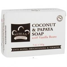 Nubian Heritage Bar Soap Coconut And Papaya with Vanilla Beans Description: With Vanilla Beans Anti-Aging, Brightening and Firming Certified Organic Ingredients HERITAGE: Since the 1st Century B.C. the coconut tree and fruit has been a vital source of shelter, transportation, food and nourishment for millions of tropical communities in South America, Asia, the Caribbean and Africa. Papaya, which contains Papain, a naturally occurring enzyme, is a base for organic makeup and has been used in tropical medicine to prevent adhesions and dissolve dead skin cells. This nourishing Coconut Oil soap is made with nutrient-rich tropical ingredients high in vitamins, minerals and fatty acids working together to stimulate collagen production, improve skin firmness and naturally smooth wrinkles. Vanilla Beans gently buff skin as Papaya's gentle enzymatic action dissolves dead skin cells, loosens pore blockage and stimulates circulation. Shea Butter and Coconut Oil rehydrate skin, improving suppleness and protecting against moisture loss. HUMBLE BEGINNINGS In 1992, fresh out of college without jobs, Rich and Nyema embarked on a personal mission to produce high quality bath and body products utilizing all-natural ingredients and ancient healing philosophies from around the globe. Nubian Heritage is the brainchild of these lifelong friends, turned New York Street Vendors, who simply grew frustrated with the inferior quality, high chemical content, poor selection and exorbitant prices of skin care products. Today Nubian Heritage has hundreds of all-natural and organic products and although they are no longer made in bath tubs or kitchen sinks, little else has changed. They are still obsessed with Fair Trade ingredients, Ancient Healing Philosophies, Community commerce and Culturally Authentic Products. Free Of Cruelty, animal testing. Disclaimer These statements have not been evaluated by the FDA. These products are not intended to diagnose, treat, cure, or prevent any disease. Nubian Heritage Bar Soap Coconut And Papaya with Vanilla Beans Directions Ingredients: 100% Vegetable Soap: Cocos nucifera (coconut) oil, butyrospermum parkii (shea butter), theobroma cacao (cocoa) seed butter, palm oil, cocos nucifera (coconut) milk, papain (papaya extract), tocopherol (vitamin E), vegetable glycerin, essential oil blend, vanilla beans. Ethically traded ingredients. Sustainably produced.