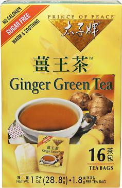 Prince of Peace Ginger Green Tea Description: No Calories Sugar Free Warm and Soothing Prince of Peace brings you all the natural benefits of Ginger and Green Tea in our special proprietary blend of Ginger Green Tea. Our tea has an appealing aroma and exquisitely smooth taste. It's sugar free and has no calories. You'll love this natural sweet and spicy flavor! Since 1983 Prince of Peace has been a pioneer of oriental herbal tea products in the U.S. We produce only high quality herbal teas from natural sources in the Orient and around the world. Safety efficacy and great taste are the trademarks of our teas. All proprietary herbal blends are exclusively formulated by our renown traditional Chinese herbal experts. You will taste the difference from this genuine Chinese traditional herb tea. Prince of Peace is the exclusive U.S. distributor for the world famous Tiger Balm Pain Relieving ointment. We are a leader in the health food marketplace with extensive products such as ginseng products organic teas and honey loquat formulas to name a few. Complete satisfaction or money back guaranteed. Our products contain only the highest quality natural ingredients. If you are not 100% satisfied with this product return the unused portion of this product and your store receipt (circle amount) within 30 days of purchase for a full refund. A cheerful heart is good medicine but a crushed spirit dries up the bones. (Proverbs 17:22) Free Of Sugar. Disclaimer These statements have not been evaluated by the FDA. These products are not intended to diagnose treat cure or prevent any disease. Product Features: Prince of Peace Ginger Green Tea Directions Place one tea bag in a 6 oz. cup add boiling water and let it steep for 2 minutes before drinking. Nutrition Facts Serving Size: 1 Tea Bag (1.8 g) Servings Per Container: 16 Amt Per Serving% Daily Value Total Calories0 Total Fat0 g0% Saturated Fat0 g0% Trans Fat0 g0% Cholesterol0 mg0% Sodium0 mg0% Total Carbohydr