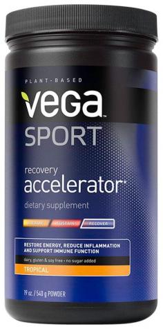 Vega Sport Natural Plant Based Recovery Accelerator Tropical - 19 oz. (540g) - Formerly Sequel Naturals Vega Sport Natural Plant Based Recovery Accelerator Tropical will restore energy, reduce inflammation and boost immunity. Recovery Accelerator, recharge and repair so you can do it all again, sooner. Replenishes energy and electroyltes Reduces inflammation, muscle and joint pain Supports immune system function and protein synthesis Reduces recovery time between training Vega Sport Natural Plant Based Recovery Accelerator Tropical the first all-natural, plant-based recovery drink mix specifically developed to address all six key elements of post-workout recovery: muscle glycogen replenishment, muscle tissue repair and protein synthesis, hormonal support, soft-tissue repair, immune system support, inflammation reduction and rehydration. The unique formula of Recovery Accelerator features an innovative blend of synergistic plant-based ingredients, like glucosamine, maca, devil's claw, L-arginine and American ginseng, specifically selected to: replenish energy and electrolytes, reduce inflammation, muscle and joint pain, support immune system and protein synthesis, and reduce recovery time between training. Vega Sport Recovery Accelerator also features a 4:1 ratio of carbohydrates to protein, a combination shown to increase muscle glycogen re-synthesis - a crucial component of post-workout recovery. Brendan Brazier, Vega Ambassador, vegan Ironman, Thrive Diet author About BrendanBrendan Brazier is one of only a few professional athletes in the world whose diet is 100 percent plant-based. He's a professional Ironman triathlete, bestselling author of The Thrive Diet (Penguin, 2007), and the creator of an award-winning line of whole food nutritional products called Vega. He is also a two-time Canadian 50km Ultra Marathon Champion. Brendan is recognized as one of the world's foremost authorities on plant-based nutrition.