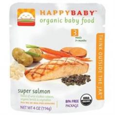 Happy Baby Organic Baby Food Stage 3 Super Salmon Description: 7+ Months Think Outside The Jar Blend of Wild Alaskan Salmon, quinoa, Corn and Pea USDA Organic BPA Free Package About Happy Baby Their mission is to provide you with the absolute best foods for your little one. They work with Dr. Sears to come up with tasty recipes using only natural nutrition and yummy organic ingredients. Why HappyBaby Dr. Sears Recommended Minimal processing Portable packaging that is always without BPA Unique delicious recipes Free Of BPA, artificial ingredients. Disclaimer These statements have not been evaluated by the FDA. These products are not intended to diagnose, treat, cure, or prevent any disease. Happy Baby Organic Baby Food Stage 3 Super Salmon Directions Heating: Though not necessary, if you prefer to warm baby's food, place pouch in a bowl of hot water until desired temperature is reached Do not microwave or boil pouch. Supplement Facts Serving Size: 1 Package (113 g) Servings Per Container: 1 Amt Per Serving% Daily Value Calories50 Total Fat0.5 g* Trans Fat0 g* Sodium30 mg* Total Carbohydrate6 g* Dietary Fiber1 g* Sugars3 g* Protein1 g* Protein6% Calcium2% Iron2% Vitamin A35% Folate0% Vitamin C2% *Daily value not established. Other Ingredients: Water, organic apple (organic apple, ascorbic acid), organic carrot, wild alaskan salmon, organic green peas, organic quinoa, organic corn, organic carrot juice concentrate, organic potato flakes, organic onion. Stage 3, OG, Peas, Super SalmonWater Necessary for Cooking, Organic Sweet Potato, OrganicCarrot, Organic Potato, Organic Brown Rice Pasta, Wild Alaskan Salmon, Organic FrenchGreen Lentils, Organic Coconut Oil.