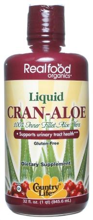 Country Life Real Food Organics Liquid Cran-Aloe - 32 oz. (1 qt) (945.6 mL) Country Life Real Food Organics Liquid Cran Aloe is made from 100% Inner Fillet Aloe Vera. Country Life Real Food Organics Liquid Cran-Aloe supports urinary tract health. Country Life Real Food Organics Liquid Cran-Aloe include 1000 mg of cranberry powder. Country Life Real Food Organics Liquid Cran-Aloe not only tastes good, but helps support urinary tract health. Country Life Real Food Organics Liquid Cran-Aloe is a unique formulation using ACTIValoe. The juice of Country Life Real Food Organics Liquid Cran-Aloe is delicately extracted and its freshness preserved using advanced technology and the unique Qmatrix process. The Qmatrix process is a patented Low-Temperature Short-Time (LTST) drying process that retains heat sensitive nutritional and functional Aloe Vera natural components such as the important mono- and polysaccharides. Highly purified Qmatrix ACTIValoe does not contain the high levels of undesirable components, such as aloin, that are often associated with diarrhea. About Country Life Welcome to Country Life Vitamins, a leader in the field of nutrition for over 36 years. Country Life Vitamins has extended its family of companies to include Biochem, Desert Essence, Long Life Teas and Iron-Tek Nutrition, their partners in health and beauty. Today's health focus is on self-improvement, wellness and self-care trends. Being the very best in today's highly competitive world requires continuous renewal and Country Life is committed to these beliefs. From factory to you, Country Life's concerns are for health, the environment and quality of life. With unrelenting attention to product quality, scientific research, customer service and customer needs, Country Life Vitamins supplies an extensive product line which is available in better health food stores nationally and distributed worldwide.