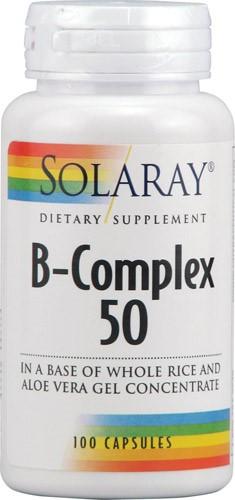 B-Complex 50 by Solaray 100 Capsule B-Complex 50 dietary supplement in a base of whole rice and aloe vera gel concentrate. Size 100ct Directions As a dietary supplement take 1 capsule daily with a meal or a glass of water. Serving Size 1 Capsule 100 Servings per container Ingredients Amount per serving Daily Value + PABA (Para-Aminobenzoic Acid) 50 mg Inositol 50 mg Choline Bitartrate 50 mg Biotin 50 mcg 17 Vitamin B-12 (as Cyanocobalamin) 50 mcg 833 Pantothenic Acid (as d-Calcium Pantothenate) 50 mg 500 Thiamine (as Thiamine Mononitrate) (B-1) 50 mg 3333 Riboflavin (as Vitamin B-2) 50 mg 2941 Vitamin B-6 (as Pyridoxine HCl) 50 mg 2500 Niacin (as Niacinamide) (B-3) 50 mg 250 Folic Acid 400 mcg 100 Key to Ingredients Daily Value not established. + Percent Daily Value is based on a 2 000 calorie diet. Values differ depending on age Values differ depending on age Other Ingredients Gelatin (capsule) Whole Food Base (pure aloe vera gel whole rice concentrate) magnesium stearate and silica