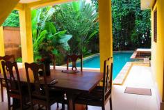 This private villa is in the heart of Seminyak, Bali surrounded by trees providing a bird sanctuary. This oasis is near shopping and night life, but the location is one of the few quiet spots in Seminyak. Enjoy the Seminyak beach which is 300 meter walk from the compound. The villa includes 4 bedrooms with queen beds, 4 1/2 baths, kitchen, dining room, office with wifi high speed internet, media room with music, movies, and satellite TV, pool and gardens. There is also a private apartment with separate entrance, bedroom, kitchen, and bath. Practice yoga on a teak deck pavilion or enjoy a massage. Furnished with teak antiques and handmade hardwood furniture. Sleep in natural bedroom with cool breezes and listen to crashing of waves or try 3 spacious bedrooms with AC. There is a staff of 4 that have been with me over 15 years. They provide 24 hour service including laundry, cleaning, child care, and tour guide/driver. Two cooks treat you to Balinese, Thai, French, Italian, and American southern food that is among the best in Bali. All the guests rave about the staff, the quiet location, and the daily ritual of traditional Bali. The compound is new, but uses recycled antique wood from a villa on the same spot. According to our guests (note reviews), we have the best location and staff in Seminyak. The beach is lovely and quiet in the morning. People are strolling with their dogs, playing with their kids dipping in the ocean, taking early surf classes, small groups are exercising, or meditating in front of temples. The evening is party time. Seminyak is the center for night life in Bali. La Planca directly out front is a popular spot for sunsets and inexpensive food and drinks. There are many great restaurants and clubs along the beach. We are located between Double Six and Gado Gado. Ku de ta and Potato Head are a short walk to the right. Made's Warung is a short walk to Seminyak main street which has some of the best shopping in Bali. We are one of the few full service villas in Bali providing cooking, shopping, cleaning, and laundry. We offer great tours for families as well as adventure and spiritual seekers. We have a concierge who can organize tours with our 2 drivers including temples, Balinese culture (dances, gamelon music, crafts), art museums ( like Neka), traditional villages like Tenganan, rafting, bicycling, scuba diving, surfing, water amusement parks, zoos, yoga, spas, cooking classes, etc. Families with children love staying at the beach or playing at our pool. Also, we can arrange great places to stay in other parts like diving in Ahmed, ecotourism in Ubud, or yoga retreats on organic farms.
