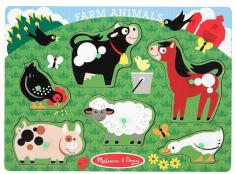 Explore the farm and meet the animals who live there with this easy-grasp peg puzzle. Wooden board is decorated with a charming farmyard scene and the pictures under the puzzle pieces make it simple and fun to place the six animals in the field. Your child will want to do this puzzle again and again!