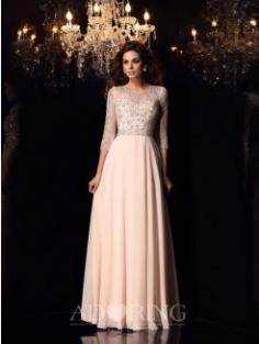 A-Line Scoop Chiffon 3/4 Sleeves Beading Floor-Length Dresses