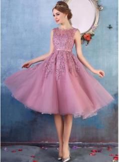 $79 A-line Lace-Appliques Amazing Sheer-Neck Beaded Tea-Length Party Dresses