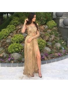 $159 Tulle Appliques Sexy Long-Sleeves Side-Slit High-Neck Gold Prom Dresses