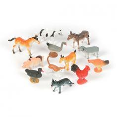 The Farm Animal Toys includes all your favorite barnyard friends including: chickens, cows, horses and pigs. Each package of twelve Farm Animal Toys includes an assortment of 2 1/2 inch tall plastic farm animals. The Farm Animal Toys will not only make a great favor for your barnyard party it can also make one little farmer very happy!