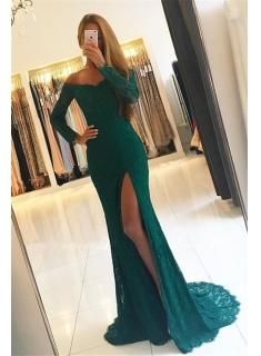 $159 Elegant Side-Slit Off-the-Shoulder Green Long-Sleeves Lace Prom Dresses
