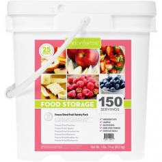 This 150 serving of freeze dried fruits, emergency food storage container has 6 different fruits that are perfect for long-term storage, to add to regular meals or to throw in your backpack as a snack. This can be your stand-alone food storage solution! Our goal is to make food storage easy, so every home can be prepared for a disaster or even a spontaneous weekend camping trip! Lindon Farms 150 Servings Freeze Dried Fruits Highest quality, most affordable food storage on the market today Easy to open mylarfoil pouches Oxygen absorber in every pouch Easily Transportable Shelf Life - Up to 25 years - if stored in a dry, cool environment No High Fructose Corn-Syrup No added MSG Lindon Farms 150 Serving Freeze Dried Fruits Contains the Following: 150 Servings in a 4lb. resealable pail 6 different fruits to choose from On Average $1.00 per Serving! Sliced Strawberries 28 Servings Sliced Bananas 20 Servings Sliced Peaches 26 Servings Diced Apples 26 Servings Whole Raspberries 28 Servings Whole Blueberries 22 Servings Freeze drying is the process of freezing water out of a food product then rapidly turning it into a gas, omitting the liquid stage. Most fruit and vegetables are made out of 80% water, making freeze drying an ultimate light weight option. When freeze drying process is completed, the water, is effectively removed thus making the product drastically lighter but maintaining most of its original shape, color, flavor, nutrients, and maximizing shelf life. Freeze Dried products have a quick re-hydration times normally only about five minutes.