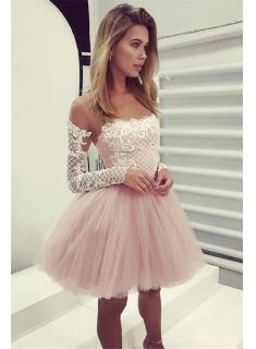 $139 Glamorous A-Line Pink Hoco Dresses | Short Lace Long Sleeves Homecoming Dresses 2018