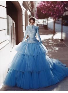 Vintage Brautkleider Frabig Blau Hochzeitskleider Spitz Mit Ärmel