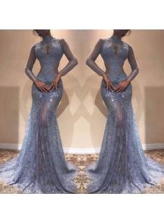 Elegante Blaues Abendkleid Mit Ärmel Spitze Abiballkleider Abendmoden Online