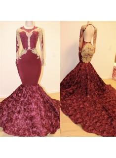 Burgundy Open Back Gold Lace Prom Dresses Cheap 2019 | Mermaid Long Sleeve Sexy Evening Dress with Ruffled Train