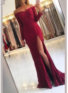 Fashion Abendkleider Spitze Mit Ärmel | Rotes Abendkleid Lang Günstig