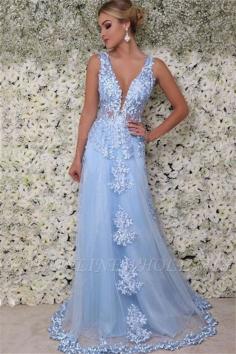 A-Line Blue Straps Appliques Sleeveless Tulle Prom Dresses | www.babyonlinewholesale.com