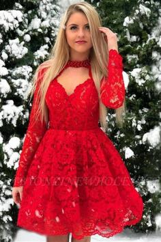 A-Line Red Lace Long-Sleeves Short-Length Homecoming Dresses | www.babyonlinewholesale.com