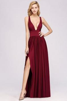 A-Line Jersey V-Neck Sleeveless Long Bridesmaid with Ruffles | www.babyonlinewholesale.com