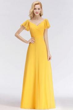 NINA | A-line Long V-neck Short Sleeves Chiffon Bridesmaid Dresses | www.babyonlinewholesale.com