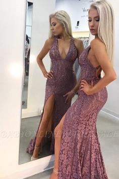Mermaid Purple Straps Lace Appliques Sleeveless Side-Slit Prom Dresses | www.babyonlinewholesale.com