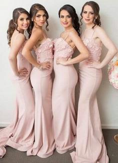 Pink Spaghettis-Straps Mermaid 3D-Floral-Appliques Bridesmaid Dresses | www.babyonlinewholesale.com