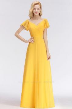 Simple Cheap A-Line Yellow Chiffon Short-Sleeve Floor-length Bridesmaid Dress | BmBridal