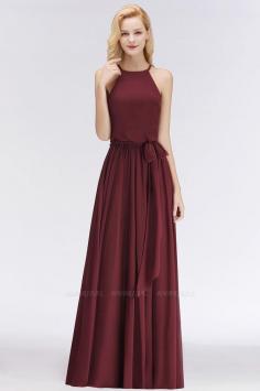 Simple A-Line Burgundy Chiffon Halter Bow Long Bridesmaid Dress | BmBridal