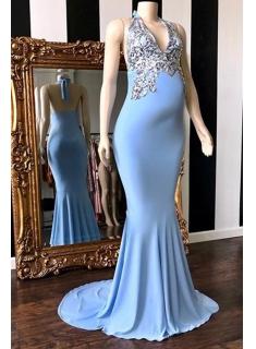 Elegante Abendkleider Lang V Ausschnitt | Abiballkleider Blau Online