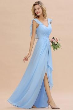 Hi-Lo V-Neck Ruffles Long Bridesmaid Dress | BmBridal