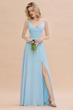 Affordable Spaghetti-Straps Front-Slit Blue Bridesmaid Dress