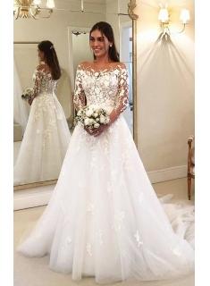 Elegante Brautkleider A Linie Mit Ärmel | Günstige Hochzeitskleider mit Spitze
