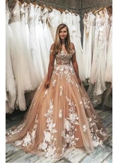 Champagne Brautkleider A Linie | Günstige Hochzeitskleider mit Spitze