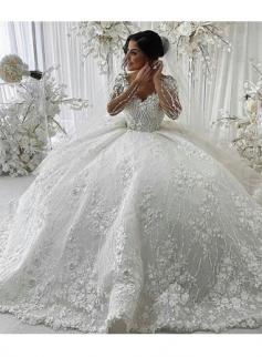 Luxus Hochzeitskleider mit Spitze | Brautkleider Prinzessin mit Ärmel