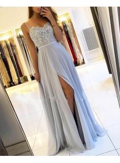 Sexy Silber Abendkleider Lang Chiffon | Abendkleid Mit Spitze Online