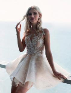 Elegante Brautkleid Kurz | A Linie Hochzeitskleid mit Spitze