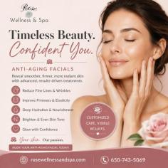 Enhance your natural beauty with professional anti-aging facial treatments in San Mateo. Rose Wellness & Spa offers advanced facial therapies designed to reduce the appearance of fine lines, wrinkles, and dull skin while promoting a youthful, radiant glow. Our customized treatments help improve skin texture, boost collagen production, increase hydration, and restore firmness for healthier-looking skin. Whether you want to refresh your appearance or maintain a youthful complexion, our experienced skincare specialists provide personalized solutions tailored to your needs.